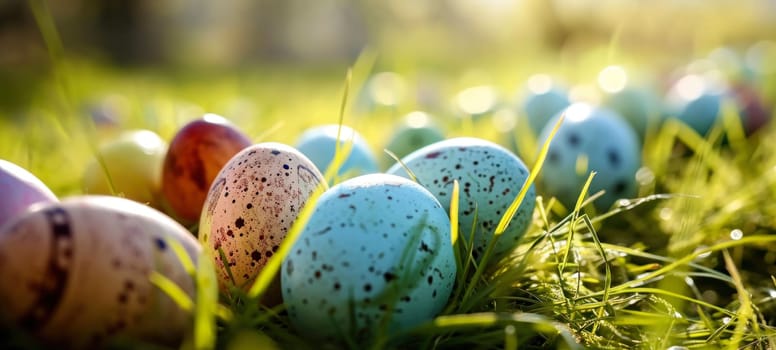 A collection of speckled Easter eggs in various pastel shades resting on sun-drenched grass, symbolizing the joy of Easter morning.