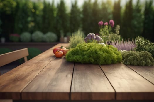 fresh organic herbs and vegetables on a wooden table in the garden.