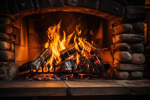 The wood is burning out in the fireplace. Beautiful view of a burning flame.