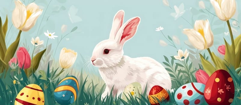 A charming illustration of a realistic Easter bunny surrounded by colorful tulips and decorative eggs, set against a painterly background with a springtime vibe.