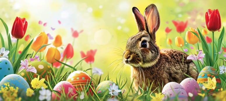 Banner with Easter bunny nestled in fresh spring grass surrounded by vibrant tulips and colorful painted eggs, all bathed in warm, sunny light