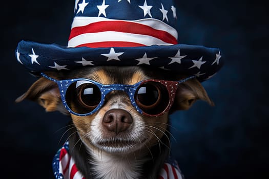 A dog wearing sunglasses and hat with stars and USA flag. Elections, US Independence Day.