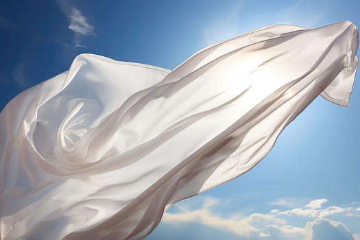 A clean white flag flutters in the wind in the blue sky.