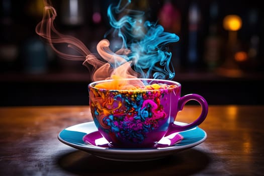 Multi-colored ink in a cup and saucer on the bar counter.