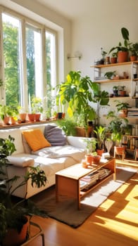 Amidst the lush foliage and cozy furniture, a sunlit room becomes a sanctuary of greenery and relaxation - generative AI