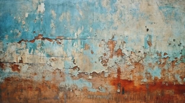 Weathered blue and rusty wall texture with peeling paint
