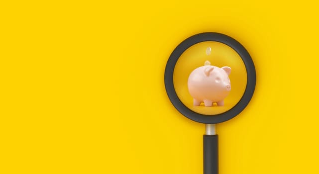 Piggy bank through magnifying glass on yellow background. 3D rendering.