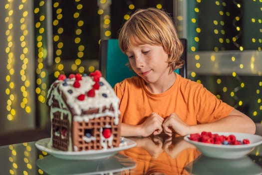 Immerse in festive delight as a boy crafts boy crafting an unconventional gingerbread house, infusing Christmas with unique creativity and festive cheer. A sweet scene of seasonal bonding and culinary fun.