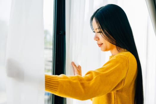 Illustrating morning delight, Woman stands by the window opens curtains smiling at the view feeling relaxed and content at home. Embracing joy relaxation and a cheerful beginning.