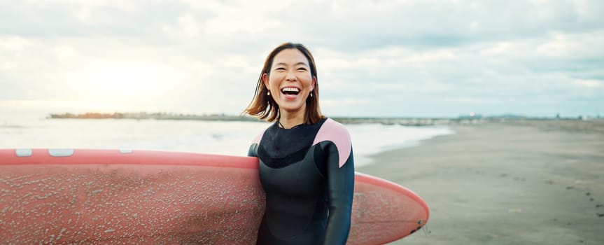 Banner, woman and excited for surfing at beach, sea and ocean for summer holiday, travel and adventure. Happy Japanese surfer laughing with surfboard for water sports, freedom and tropical vacation.