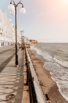 coastal area with apartment buildings of residential areas, modern hotel and restaurant complex on water and sandy beaches