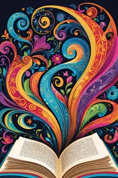 Open book with floral pattern on background. Vector illustration for your design.Open book with floral ornament on a colorful background. Abstract colorful background with book, swirls and floral elements.World book day concept.