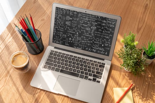 Mathematic equations and modish formula on computer screen showing concept of science and education