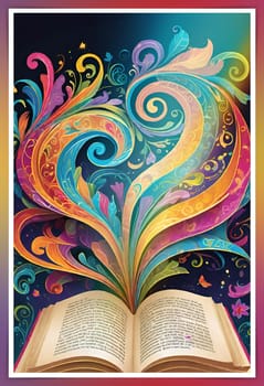 Open book with floral pattern on background. Vector illustration for your design.Open book with floral ornament on a colorful background. Abstract colorful background with book, swirls and floral elements.World book day concept.