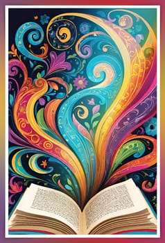 Open book with floral pattern on background. Vector illustration for your design.Open book with floral ornament on a colorful background. Abstract colorful background with book, swirls and floral elements.World book day concept.