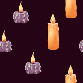 Watercolor seamless pattern. candles, invoking a religious theme with hints of Christmas. Colors of Halloween - orange and purple. Warm flames with wax droplets. for packaging textiles and books.