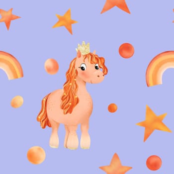 Seamless pattern of cute watercolor pony. Little horse. Funny animal for kid. Design for baby shirt design, nursery decor, card making, party invitations, logos, greeting cards, posters