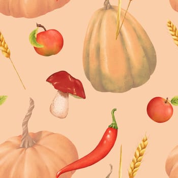 Seamless pattern of Pumpkins, apples, mushroom, chili and spikelets. Watercolor illustration. Autumn harvest. Delicious ripe vegetable. Vegetarian raw food. For posters, websites, notebooks, textbooks
