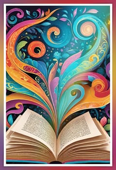 Open book with floral pattern on background. Vector illustration for your design.Open book with floral ornament on a colorful background. Abstract colorful background with book, swirls and floral elements.World book day concept.