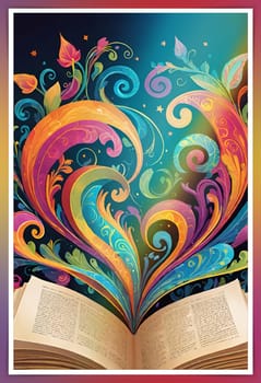 Open book with floral pattern on background. Vector illustration for your design.Open book with floral ornament on a colorful background. Abstract colorful background with book, swirls and floral elements.World book day concept.