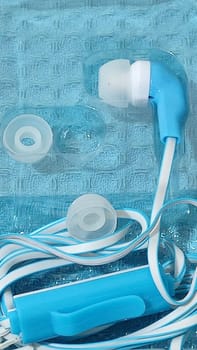 headphones with wire, background object,blue and white, inexpensive. High quality photo