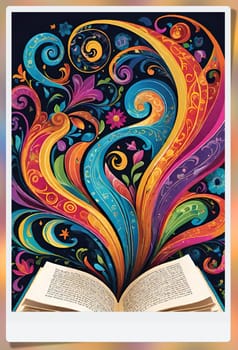 Open book with floral pattern on background. Vector illustration for your design.Open book with floral ornament on a colorful background. Abstract colorful background with book, swirls and floral elements.World book day concept.