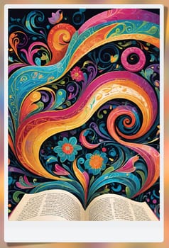 Open book with floral pattern on background. Vector illustration for your design.Open book with floral ornament on a colorful background. Abstract colorful background with book, swirls and floral elements.World book day concept.