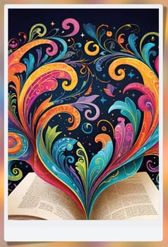 Open book with floral pattern on background. Vector illustration for your design.Open book with floral ornament on a colorful background. Abstract colorful background with book, swirls and floral elements.World book day concept.