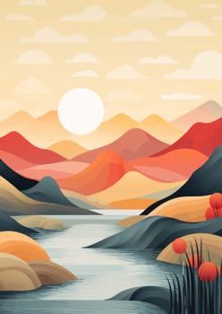 Tranquil Mountain Landscape: Majestic Peaks, Serene River, and Vibrant Sunrise in a Scenic Nature Scene