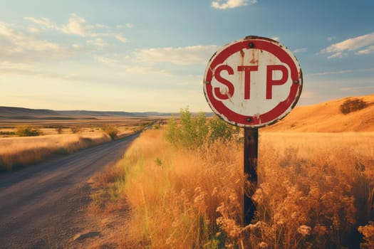 Stop Sign on Rural Road: Attention, Danger, Safety, and Caution in Isolated Countryside Landscape