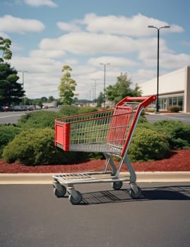 Empty supermarket cart with red wheels parked in a white chrome aisle background.