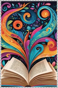 Open book with floral pattern on background. Vector illustration for your design.Open book with floral ornament on a colorful background. Abstract colorful background with book, swirls and floral elements.World book day concept.