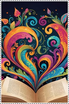 Open book with floral pattern on background. Vector illustration for your design.Open book with floral ornament on a colorful background. Abstract colorful background with book, swirls and floral elements.World book day concept.