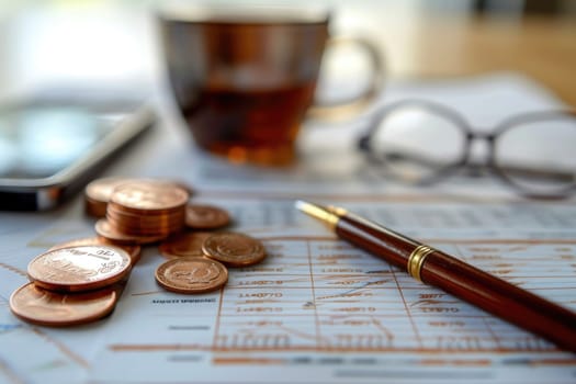 Stack coin on wooden desk. saving and finance concept. Generative AI.