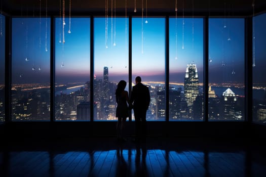 A romantic couple stands at the panoramic window of a skyscraper overlooking the nighttime cityscape. Valentine's Day