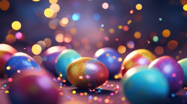 Closeup colorful easter eggs on the ground. Confetti sprinkles with bokeh lights AI