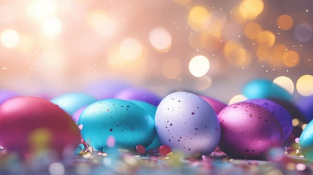 Closeup colorful easter eggs on the ground. Confetti sprinkles with bokeh lights AI