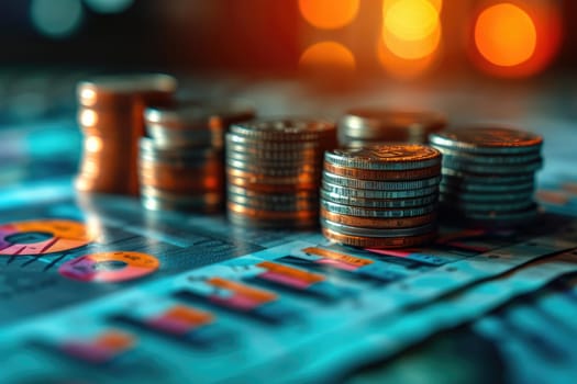 Stack coin on wooden desk. saving and finance concept. Generative AI.