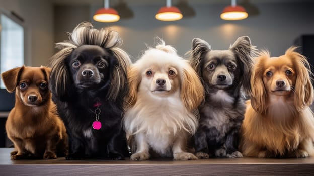 Dogs of different breeds sitting together. Blurred background AI