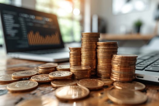 Stack coin on wooden desk. saving and finance concept. Generative AI.