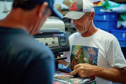 A man in the studio is working in focus on a large printer, printing a unique painting of impressive size.