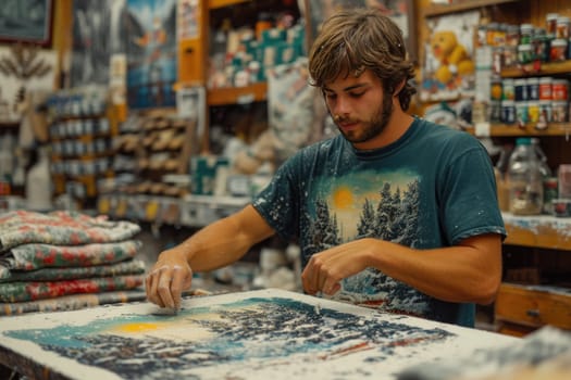 A focused person applies a unique design to a T-shirt using a printing technique, creating a fashionable and expressive wardrobe item.