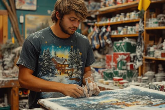 A focused person applies a unique design to a T-shirt using a printing technique, creating a fashionable and expressive wardrobe item.