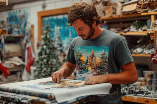 A focused person applies a unique design to a T-shirt using a printing technique, creating a fashionable and expressive wardrobe item.