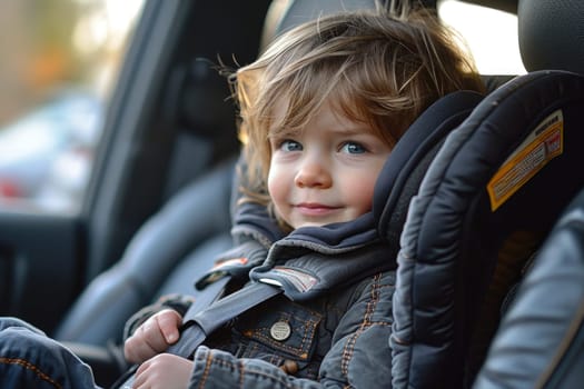 Scarlet passenger smiling, strapped in comfortable and safe child seat in car, ready to travel