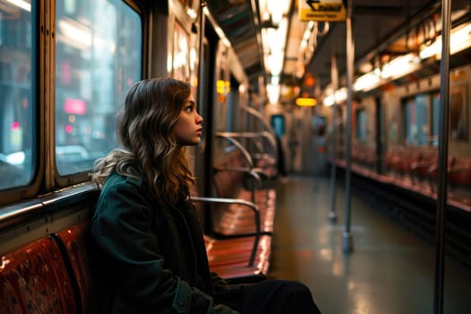 Young girl traveling by train in subway.