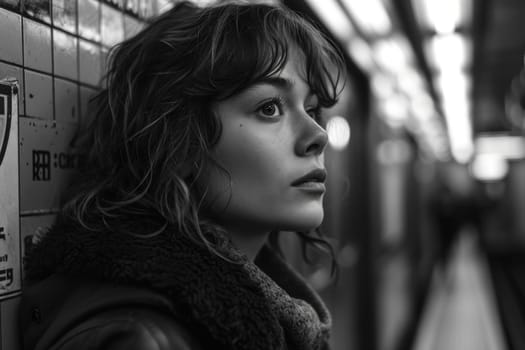Black and white photo of a young woman in subway transport