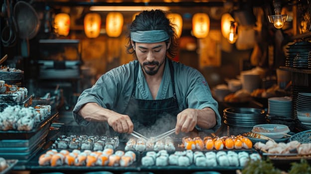 The skill of an Asian chef in the process of preparing fresh rolls and sushi. An incredible combination of flavors and a unique experience in each dish.
