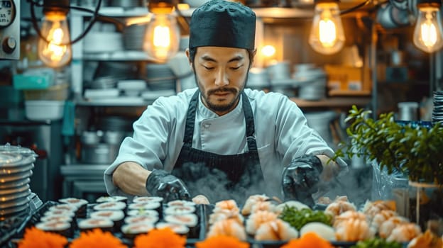 A real cooking show is the chef's skill in preparing gourmet rolls and sushi. A unique combination of flavors in each dish.