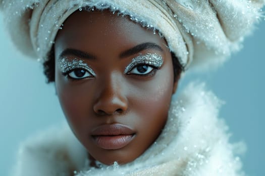 Beautiful african american woman in a white turban looking at the camera.